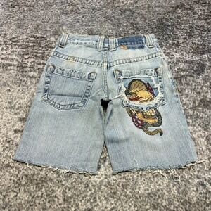 VTG JNCO Shorts Youth Size 8 (25" Waist) Blue Embroidered Skull Dragon Baggy Y2K